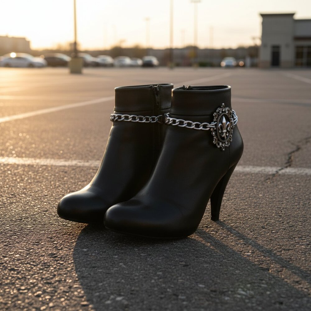 NEW Women 2PCS Silver Metal Boot Chain Shoe Anklet Bling Fleur De Lis Charm PAIR - Picture 4 of 17